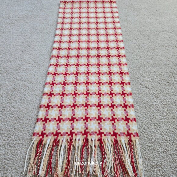 Woven Cashmere Houndstooth Scarf Red Tan White Pink - Picture 5 of 16